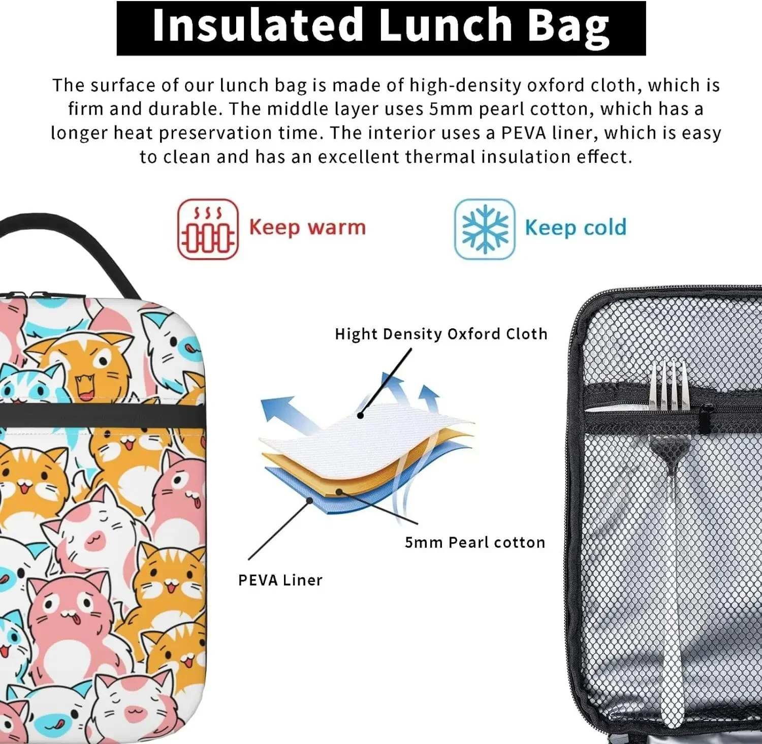 Cute Cats Lunch Box with Side Pocket Portable Reusable Lunch Bags for Women Men Insulated Lunch Tote Bag for Office Work Picnic