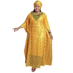 Customized Dashiki African Dresses for Women Spring Summer African Women Blue Yellow O-neck Long Dress Inner and Headtie African