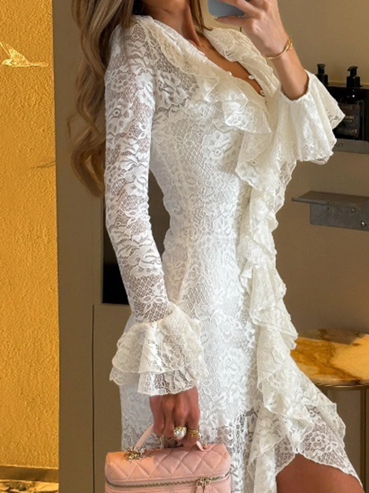 Women Solid Long Sleeve Party Dresses New Lace Hollow Out Slim Banquet Dress Temperament High Waist Ruffles Split Evening Dress