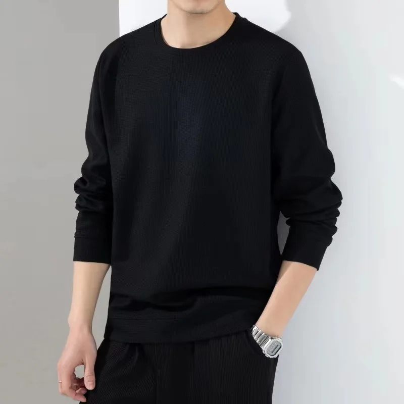 Spring and Autumn men's long sleeved round neck sweatshirt, high-quality waffle elastic slim fit base shirt, men's top