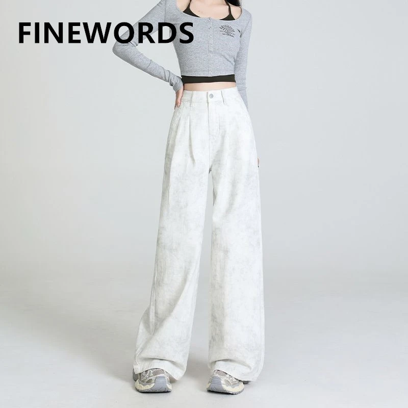 

FINEWORDS High Waist Vintage White Baggy Jeans Women Korean Streetwear Wide Leg Jeans Easymatch Full Length Casual Jeans