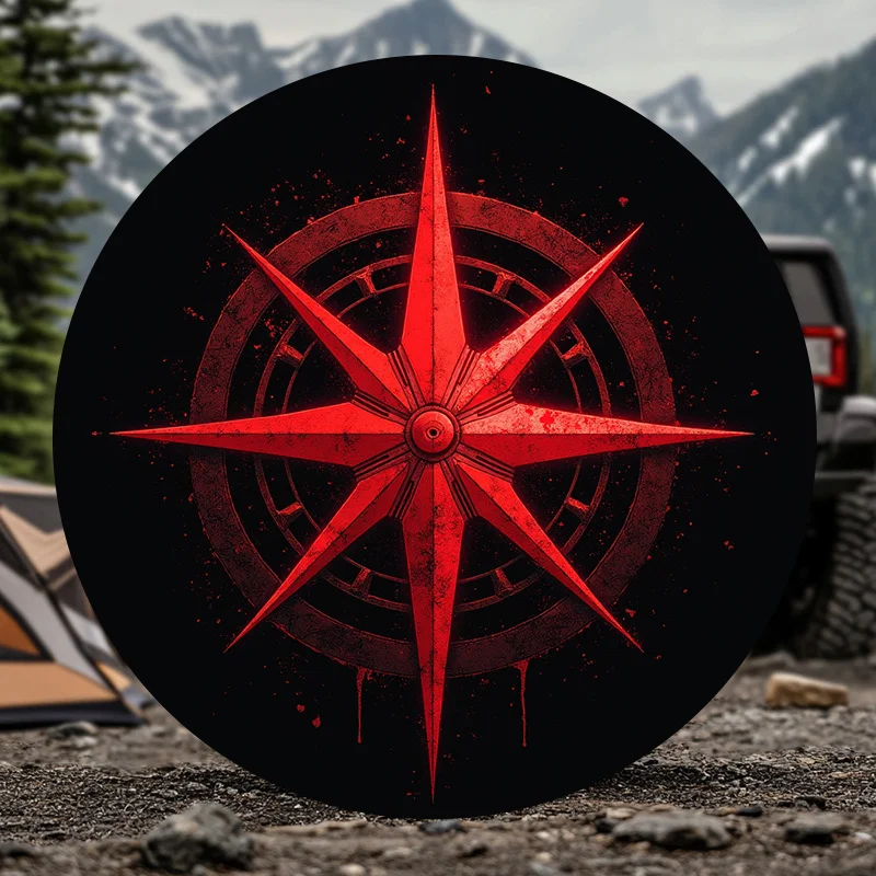 Red Compass Pattern Car Spare Tire Cover Mysterious Distressed Octagram Design Tire Cover for Camping Trailer Vehicles