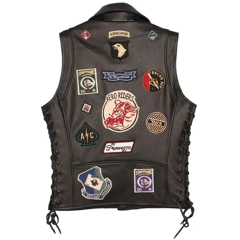 Motorcycle Leather Vest Patches 100% Real Cowhide Slim Fit Biker Men Motor Waistcoat Jacket Sleeveless M449