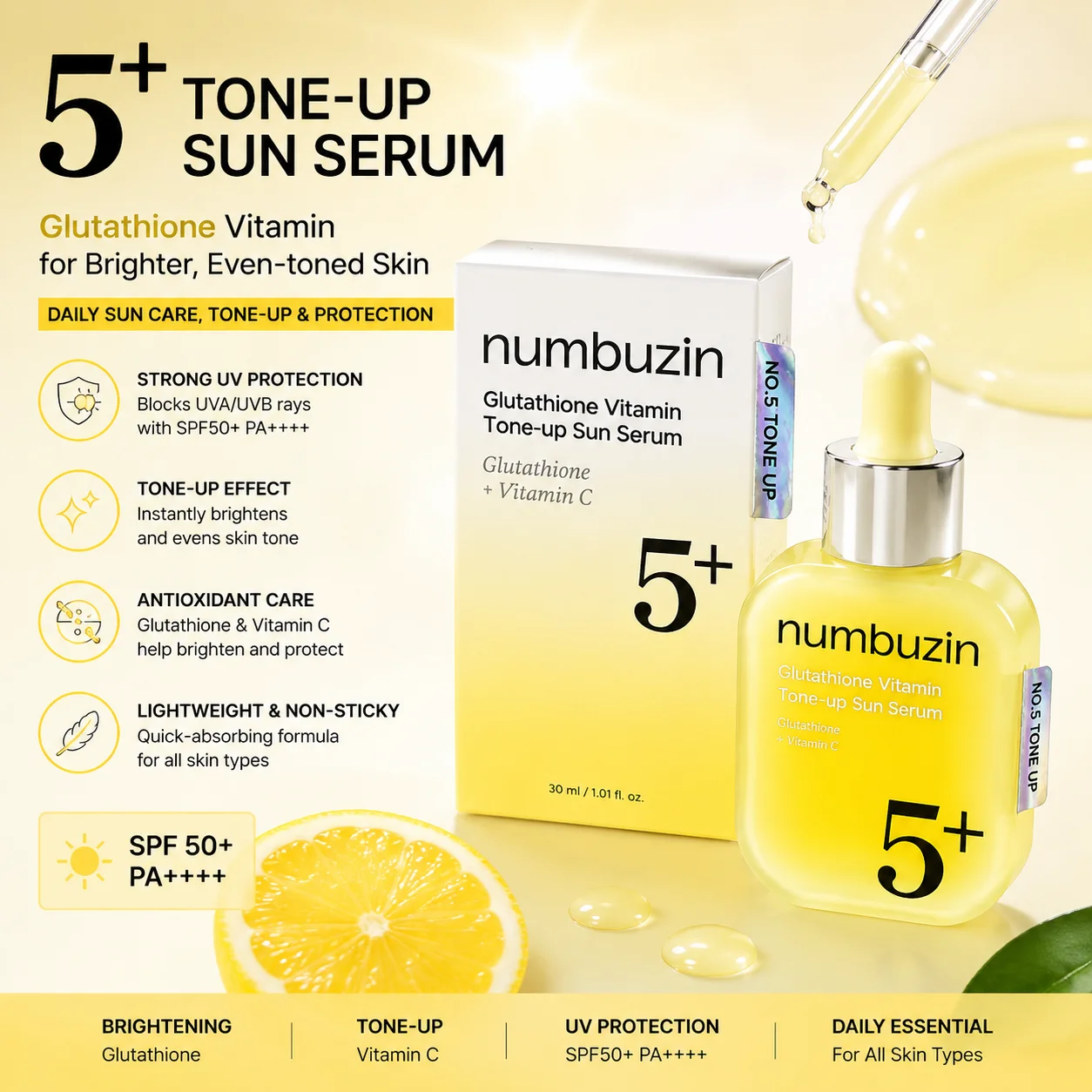 Numbuzin No.5+ Glutathione Vitamin Sun Serum 30ml Tone-Up, Hydrating, Moisturizing, UV Protection Body Facial Sunscreen Sun Care