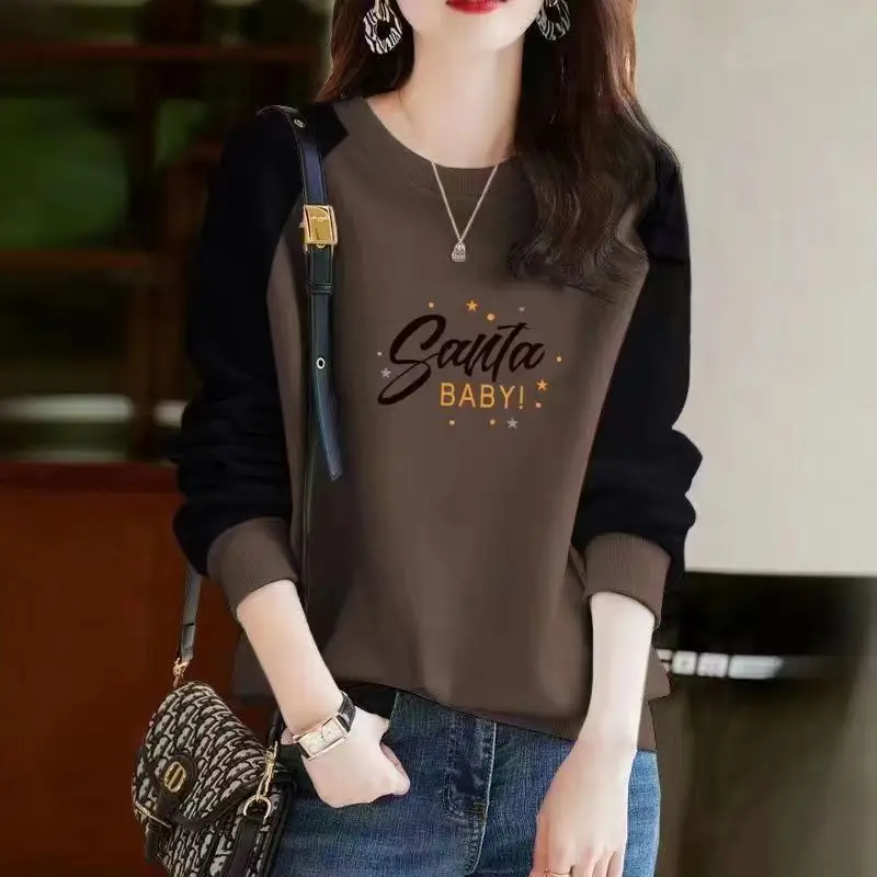 Autumn and Winter Women\'s Pullover Round Neck Letter Print Plush Thick Contrast Long Sleeve Hoodies Loose Fashion Casual Tops