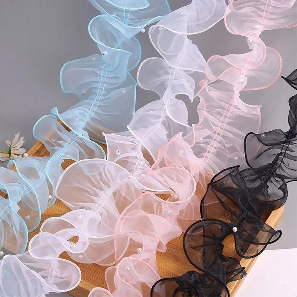 11cm Wide Organza Beaded Ribbon 1 Yard Wave Ruffle Edge Pleated Lace Trim Flower Lace Pearl Fabric Edge Lolita Lace Accessories