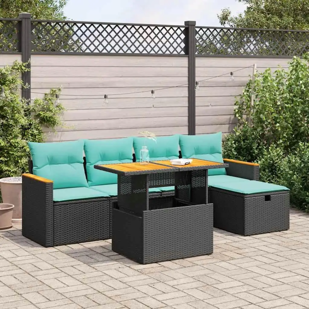 

6 Piece Outdoor Patio Sofa Set with Cushions Black Rattan and Acacia Wood Stylish Comfortable Furniture
