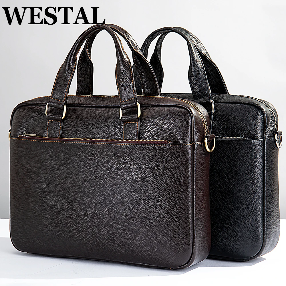 WESTAL 14 Inch Laptop Bag Leather Briefcase Man Messenger Shoulder Bag Porte-Documents Business Office Bags Document Handbags