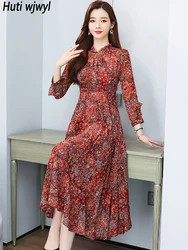 Spring Autumn Red Floral Ruffled Collar Midi Dress Women Long Sleeve Bodycon Party Dress 2024 Elegant Casual Evening Maxi Dress