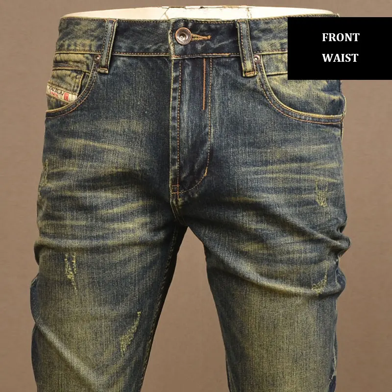Newly Designer Fashion Men Jeans High Quality Retro Washed Blue Stretch Slim Fit Ripped Jeans Men Vintage Casual Denim Pants