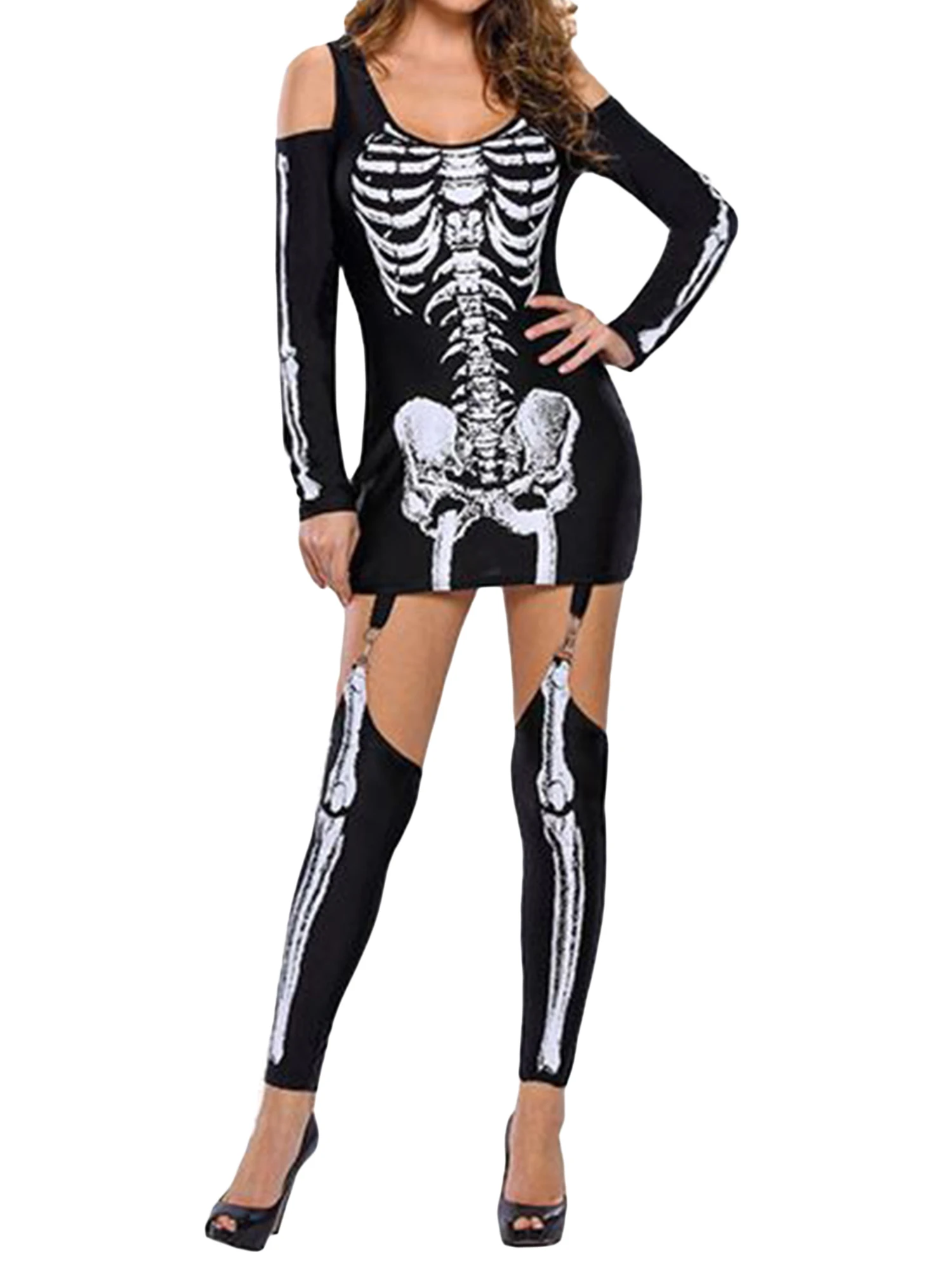 Women s Halloween Costume Off-Shoulder Long Sleeve V-Neck Vampire Printed Dress with Cape and Fangs Accessory Kit