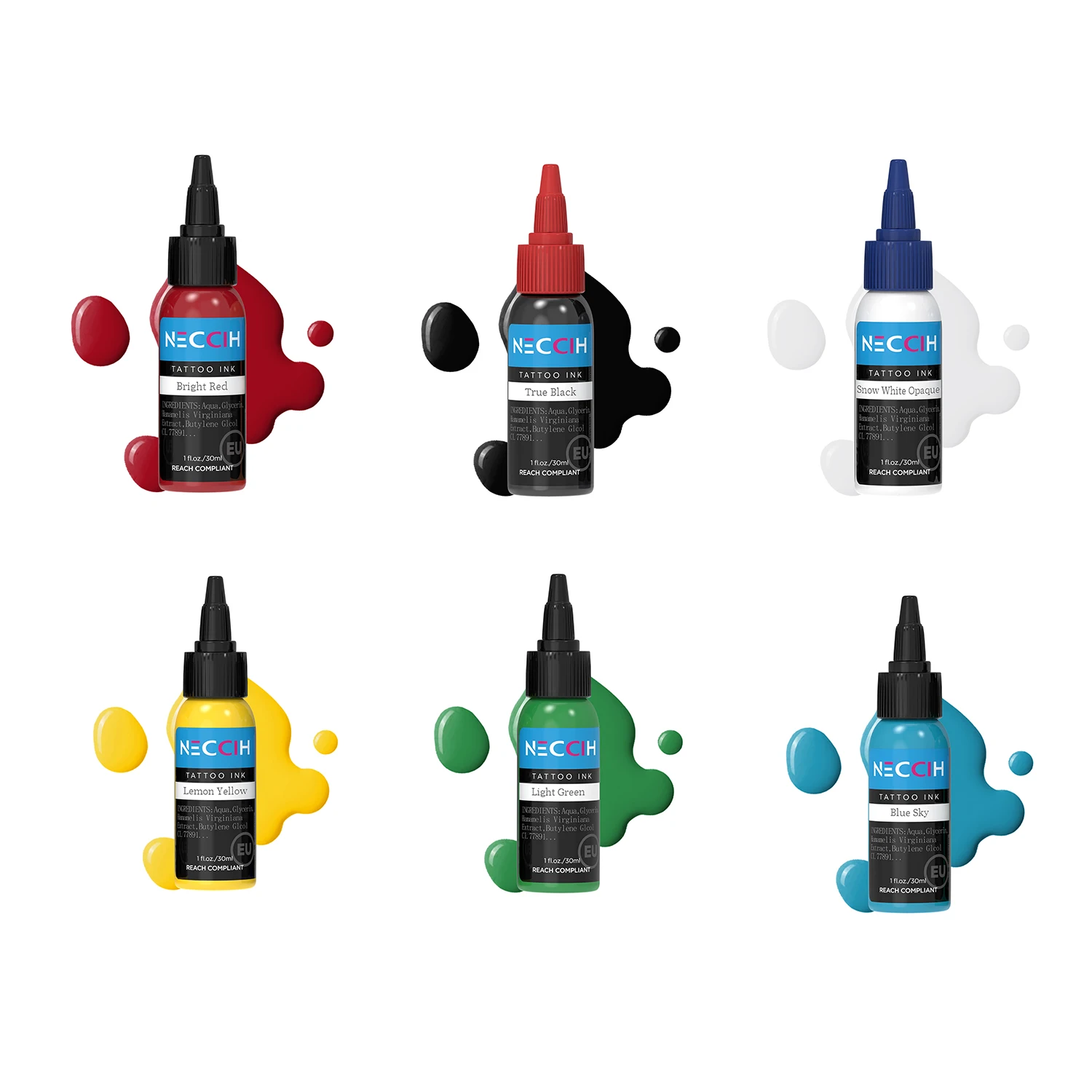 6 Bottles Tattoo Ink Set (1 Oz Each) Includes: True Black, White, Bright Red, Lemon Yellow, Light Green and Baby Blue 6 Colors