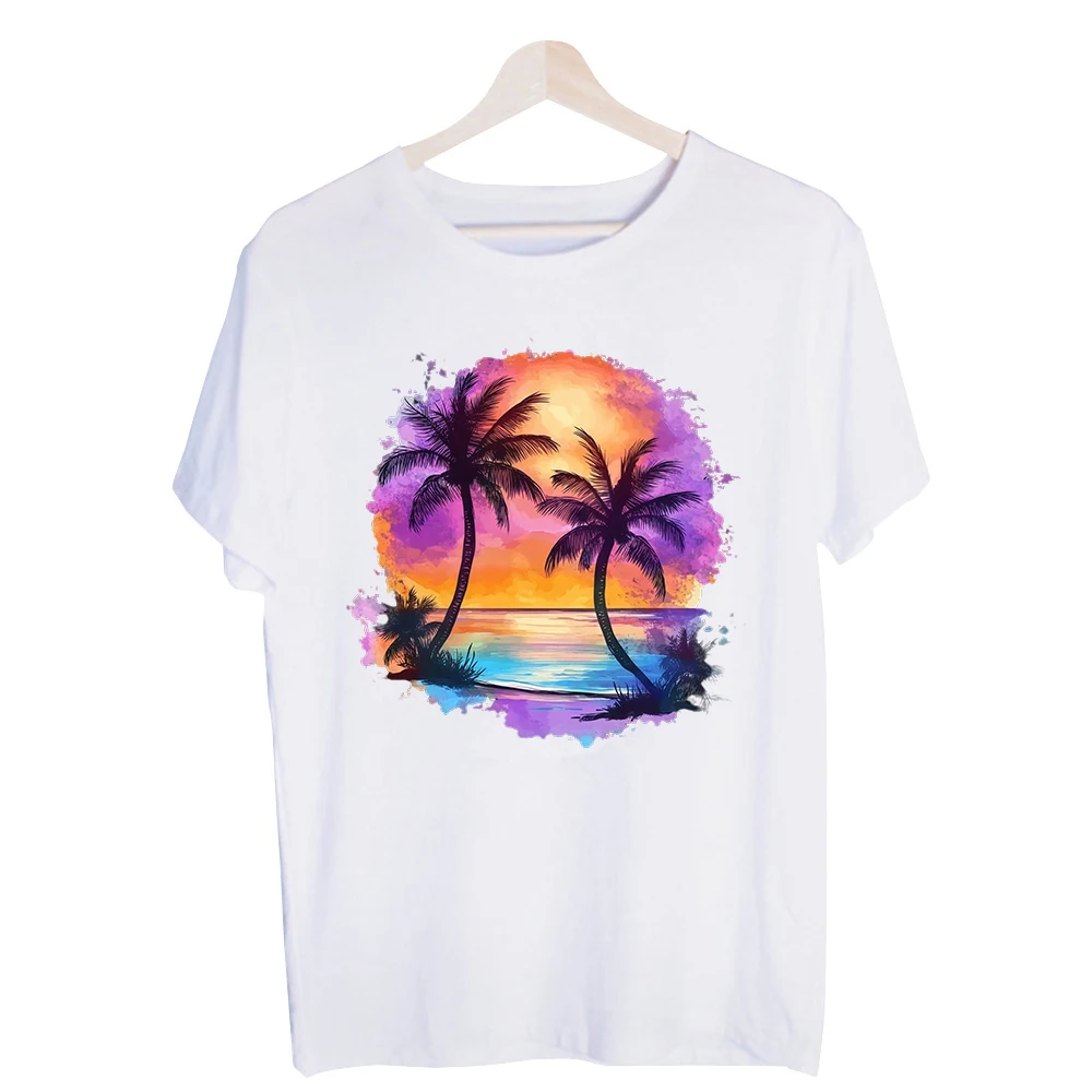 Men's Sunset Palm Tree Graphic Tee, Short Sleeve Crew Neck T-Shirt for Summer Vacation and Casual Beach Outfits