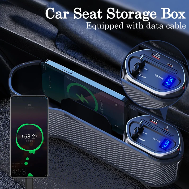 

Car Seat Gap Filler Storage Box with Cup Holder Front Seat Console Side Pockets with Fast Charging,Type-C,Apple plug,Lightning