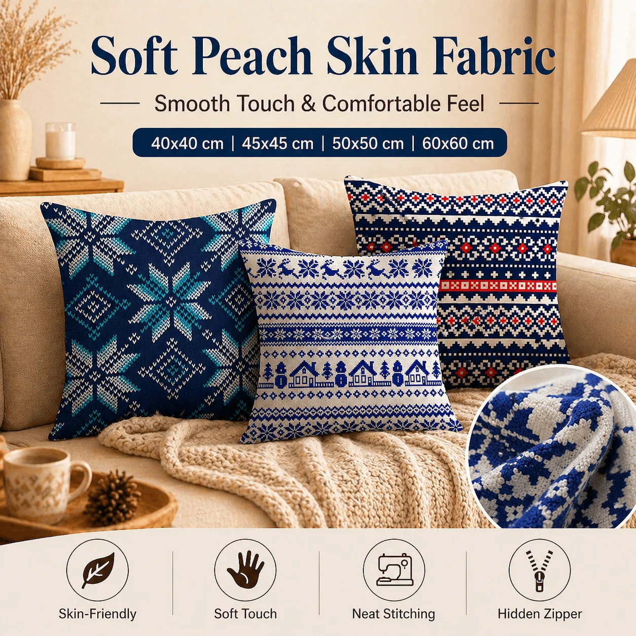 Nordic Style Geometric Pillow Cover 2D Flat Printed Faux Knit Cushion Covers Winter Reindeer Sofa Throw Pillowcase Home Decor