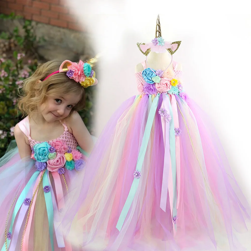 

1-12y Baby Girl Rainbow Tutu Dress 3D Flower Princess Dress Fancy Carnival Birthday Party Formal Prom Headband Unicor Cosplay