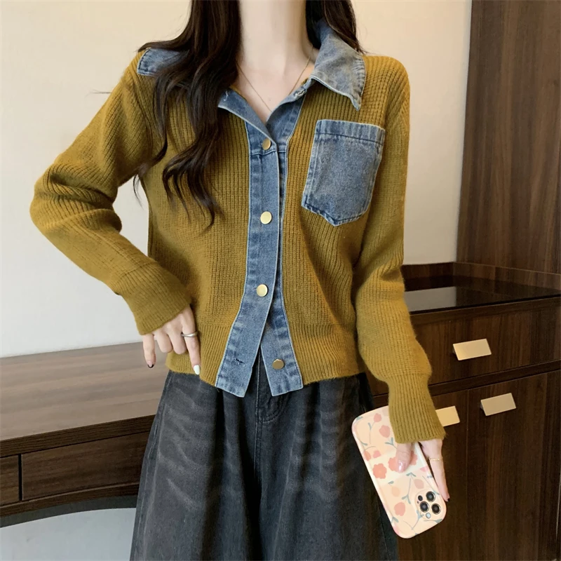 Women's Knitting Sweater Cardigans Korean Style Autumn Winter Denim Patchwork Polo Collar Long Sleeve Knitted Office Lady Tops