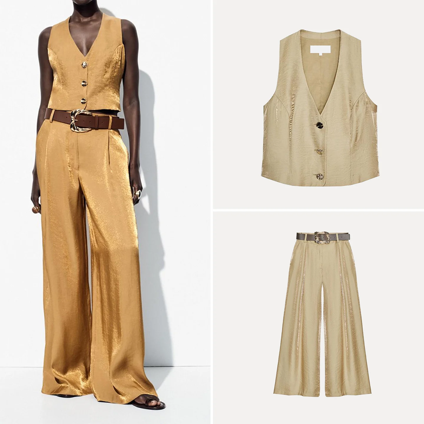 

Осень 2023, новый женский топ с пуговицами, украшенный поясом, широкие брюки V Ne, длинные брюки, комплект для взрослых Four Seasons