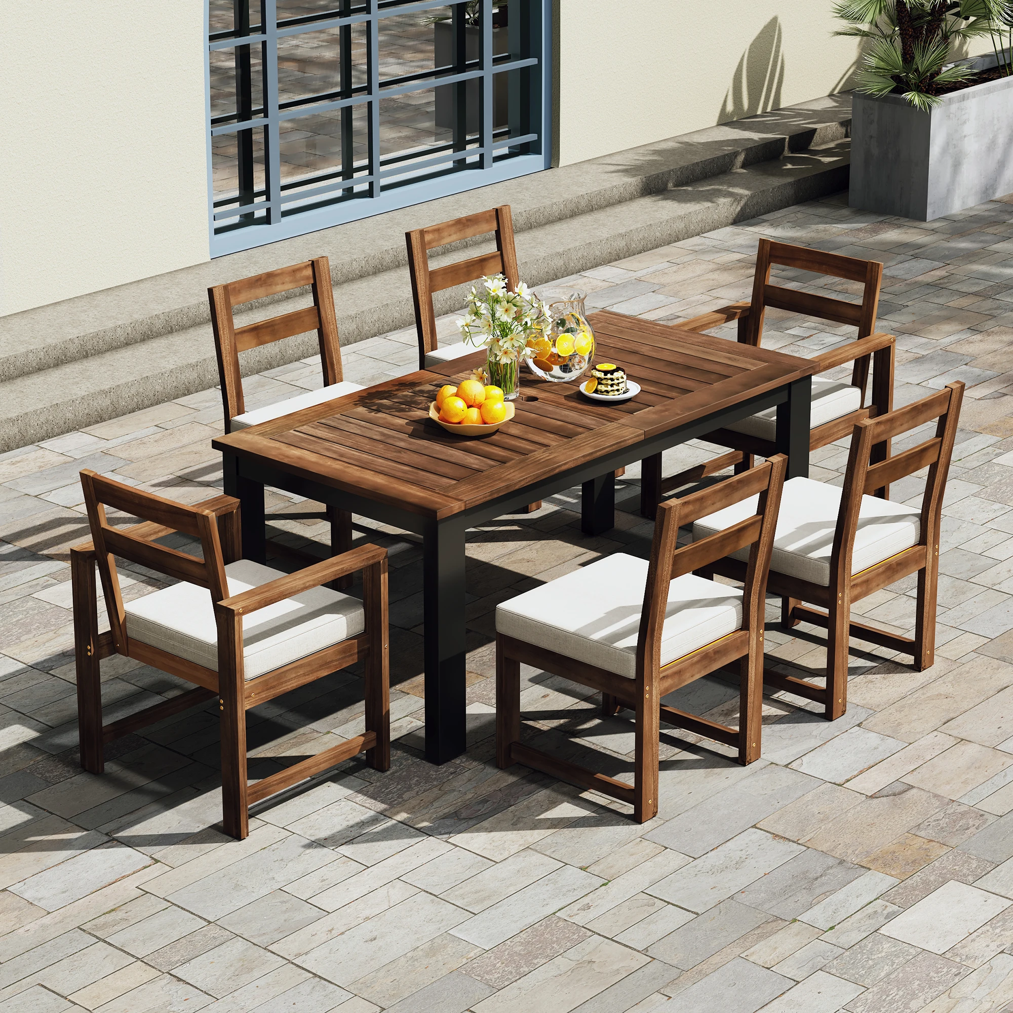 

7 Piece Patio dining Table and Chairs Set ,2 Armchairs & 4 Side Chairs, Outdoor Furniture Dining Set for Garden (Mocha+Beige)