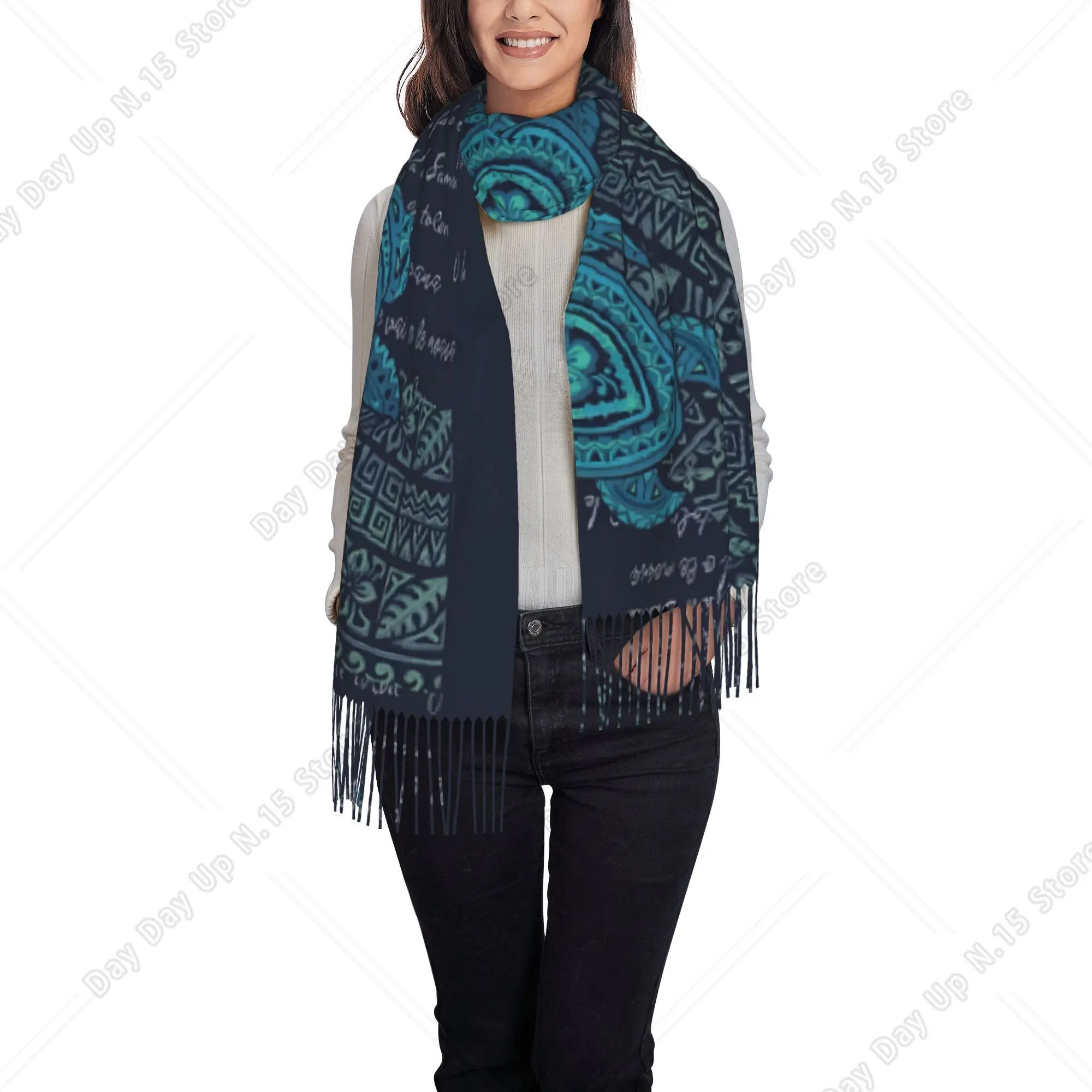 Samoa Tribal Shirts Samoa Teal Tribal Turtle  Shirts Samoan Poem Tassel Scarf Scarves Women Winter Tassel Shawl