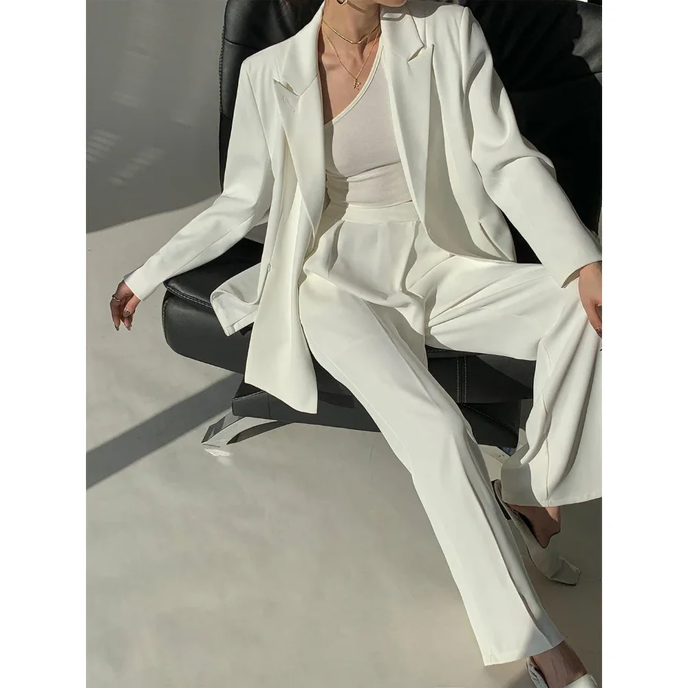 Summer White Women Suits Slim Elegant Peak Lapel Solid Party Prom Wedding Tuxedo Formal Casual Office Pants Sets (Jacket+Pants)