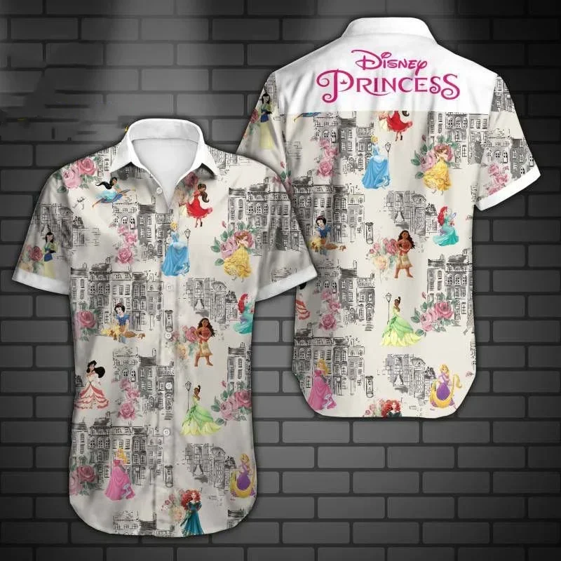 Disney-Camisa havaiana masculina e feminina de manga curta, esboços de princesa, camisa com botão, moda vintage casual