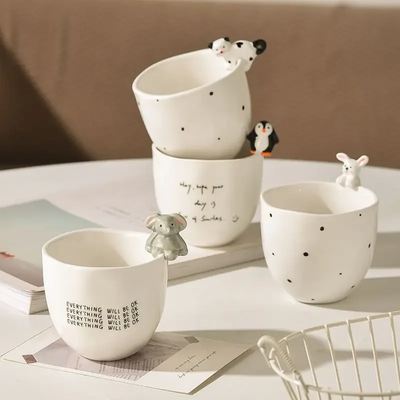 Handmade 3D Animal Ceramic Cup Elephant Rabbit Penguin Kitten Mug Nordic Minimalist Girl Office Water Cup Gift Box Set