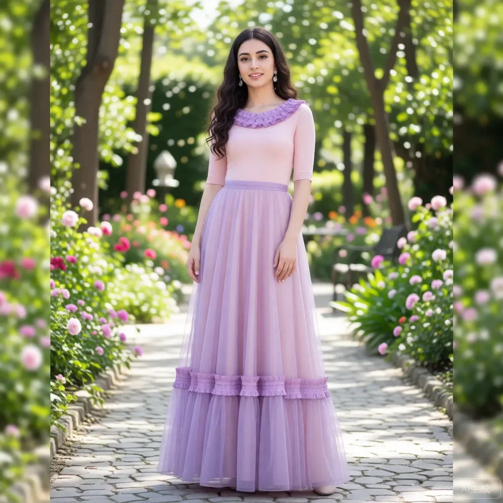 

Vintage Boho High Waist Flare Skirt with Ruffle Detail Lavender Color A-Line Floor Length Summer Party Gown Custom Made Skirts