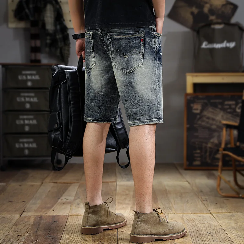 High-End Washed Make Old Ripped Denim Shorts Men's Summer 2024 New Slim Fit Straight Short Pants Ins Fashion Brand Shorts