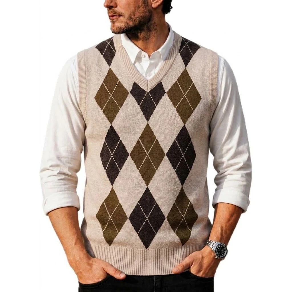 Men's Argyle Sweater Vest Autumn Casual V-Neck Sleeveless Tank Top Knitted Pullover Classic Waistcoat Business Knitwear Shirts