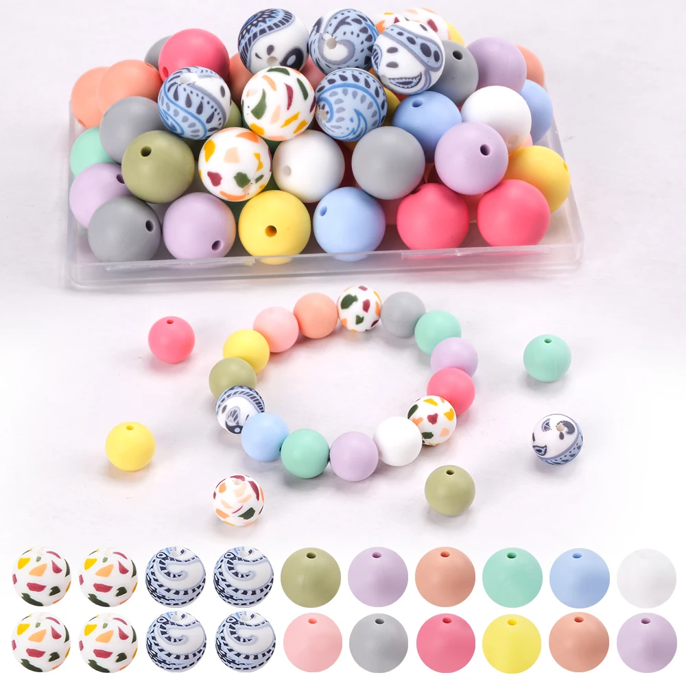 LOFCA 15mm silicone Beads Plant silicone printed Round beads used to make Bracelet keychains Necklaces Jewelry accessories