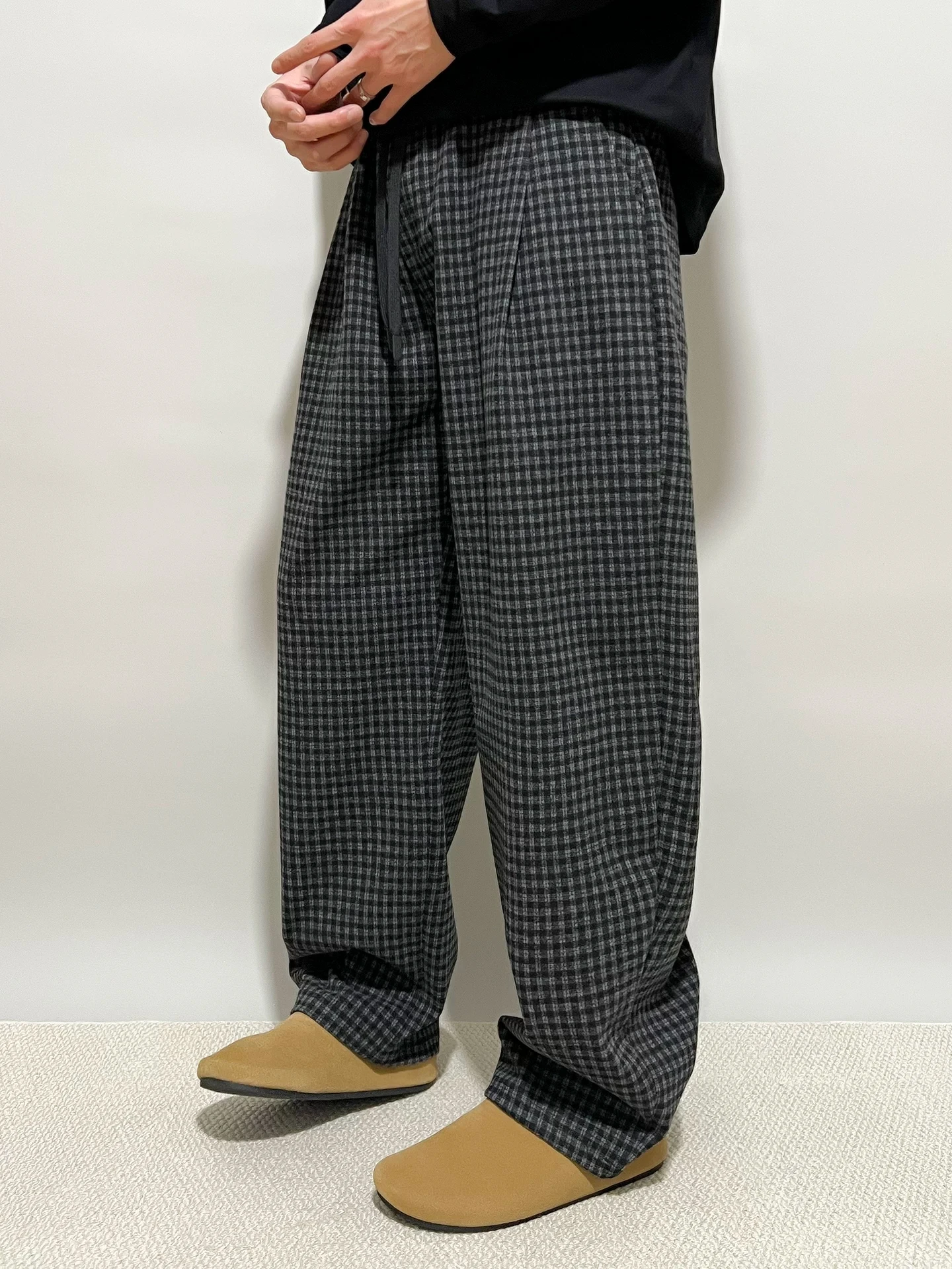 Thickened Fleece Winter Plaid Casual Straight Leg Men's Pants Cleanfit Style Elastic Waist Commute Suitable Polyester Fiber