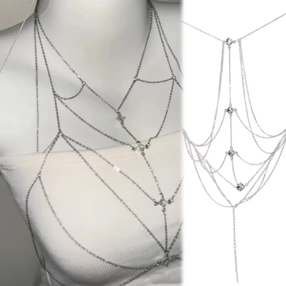 Glitter Rhinestone Bust Chain Multilayer Luxury Bikini Chest Chain Unique Trend Silver Body Chain Nightclubs