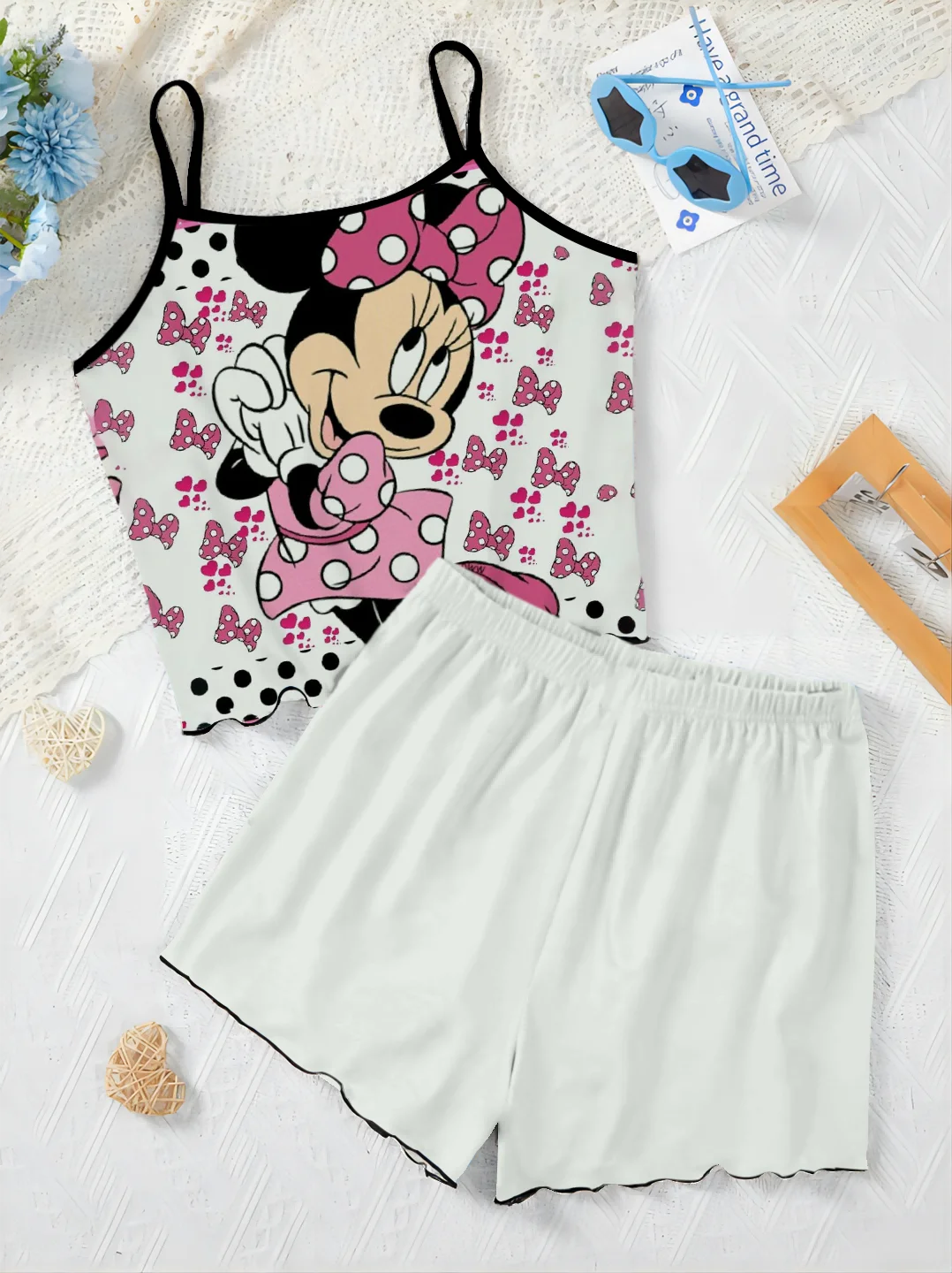 Lettuce Trim Minnie Mouse Top Disney Slip Dress Short Sets for Women 2 Pieces Pajama Skirt Women's Suit Mickey T-shirt Elegant