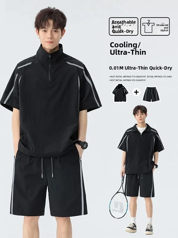 

Summer Casual Sportswear Set for Men f Zipper Stand Collar ort Sve T-irt Color Blo Striped orts Two Piece Set