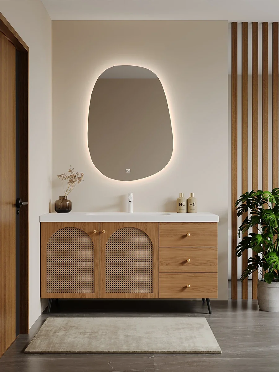 Corian integrated basin rubber wood paint-free walnut rattan floor-to-ceiling bathroom cabinet