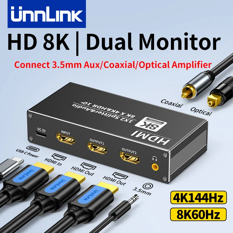 

Unnlink 2 в 1 HDMI-сплиттер и аудиоэкстрактор HDMI 8K 60 Гц/4K 144 Гц HDMI на 2 HDMI SPDIF Оптический коаксиальный Toslink 3,5 мм Aux