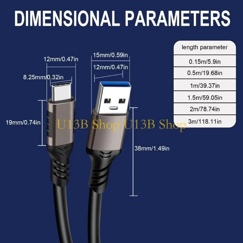 كابل الشاحن U13B USB C ، 3A FAST USB C Cable 10GBPS DATA SYNC USB A TO TYPE C