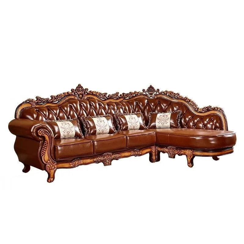 Leather corner sofa combination, living room luxury solid wood carving flower small apartment simple European retro color villa