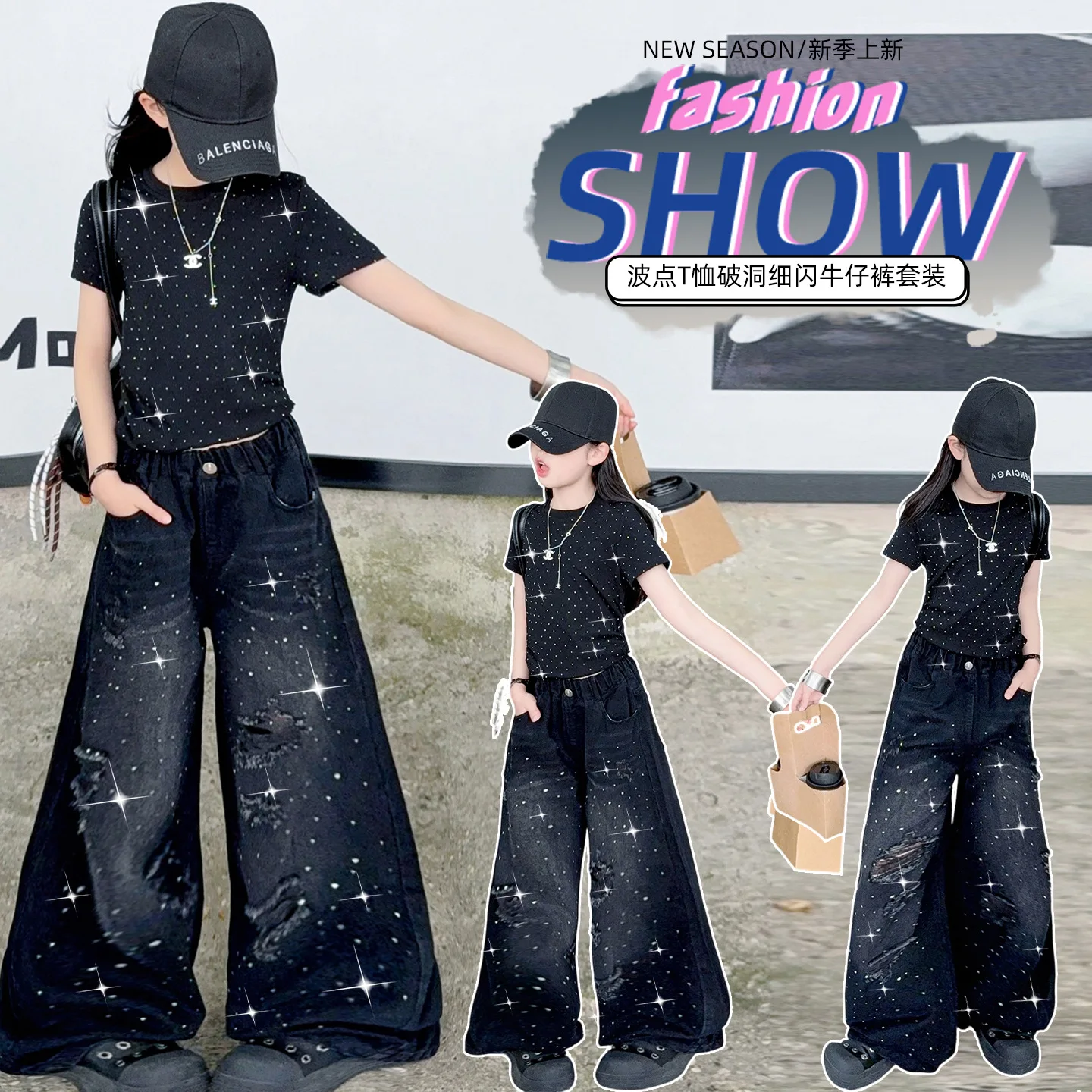 Teen Girls Summer Fashion Set Bling Rhinestone Top High Waist Ripped Jeans Chidlen Street Dance Performance Clothes