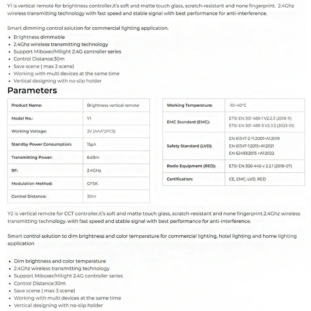 Miboxer Y1 Y2 Y3 Brightness CCT RGB+CCT Vertical Remote Control 2.4GHz 3V Color Temperaturen Dimmer for LED Buld LED Strip Light