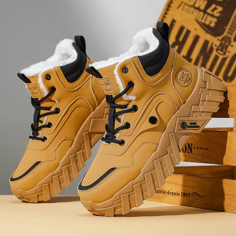 

New Autumn-winter Leather Mens Boots Fashionable Thick Soles & High Tops Fashionable Boots Men Suitable Outdoor Use Hiking Shoes