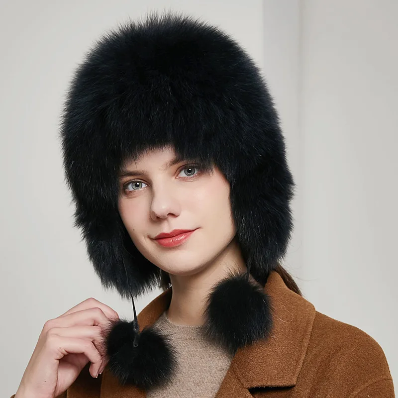 2025  Hot Sale 100% Natural Silver Fox Fur Women Winter Hat Knitted Cap Women Hat Fox Fur Bomber Hat Female Ear Warm Winter Must