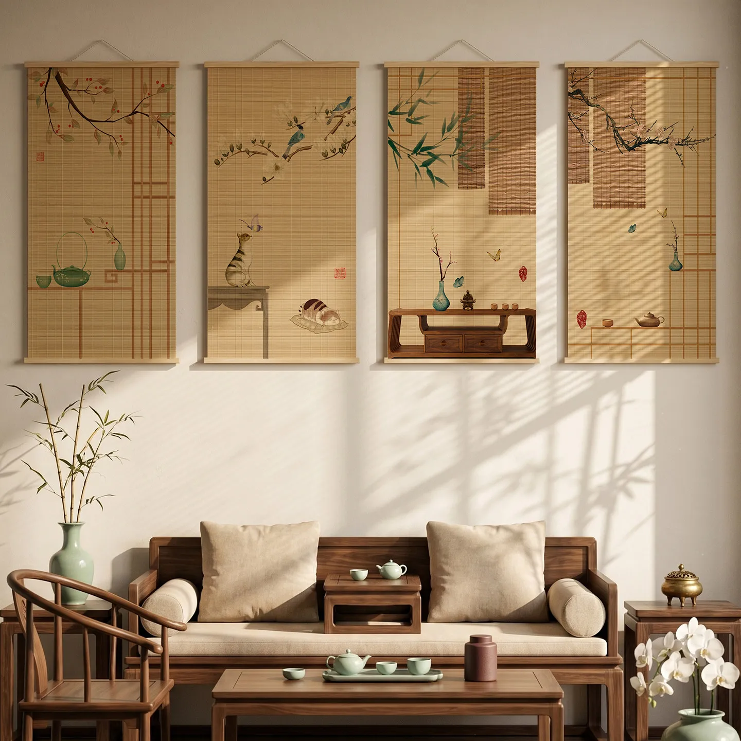 wall art Paintings Birds Butterfly Bamboo Scroll Wall Art Zen Wabi Sabi Minimalism Calm Serene for Tea Room Study Healing Space