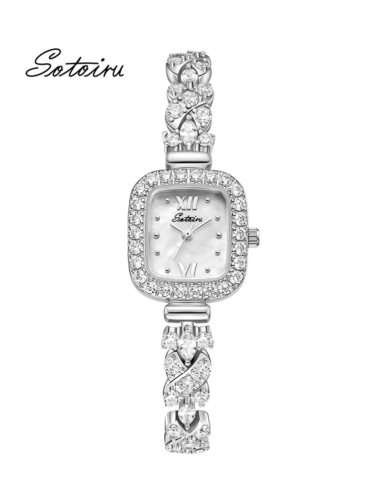 SOTOIRU Square Watches For Women Luxury Designer Brand Quartz Dress Wristwatch For Party with Full Zircon Jewel Accessiries