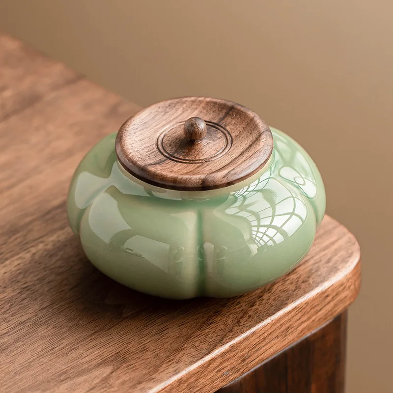 Ebony Pumpkin Tea Canister Ceramic Vintage Candy Box High-End Moisture-Proof Nut Coffee Bean Herbal Storage Jar Decorative Piece