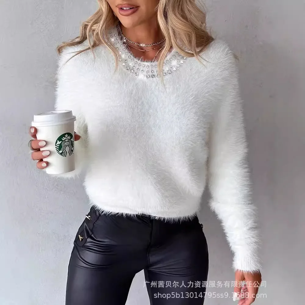 Neckline Beaded Wool Pullovers Solid Color Fashion Casual Sweaters Tops Women Long Sleeve Loose Jumpers Sweaters