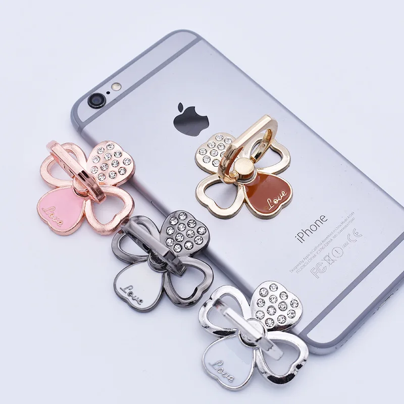 Diamond-studded Four-leaf Clover Full Metal Mobile Phone Holder 360 Degrees Universal Sticky Lazy Bracket Phone Holder Stand