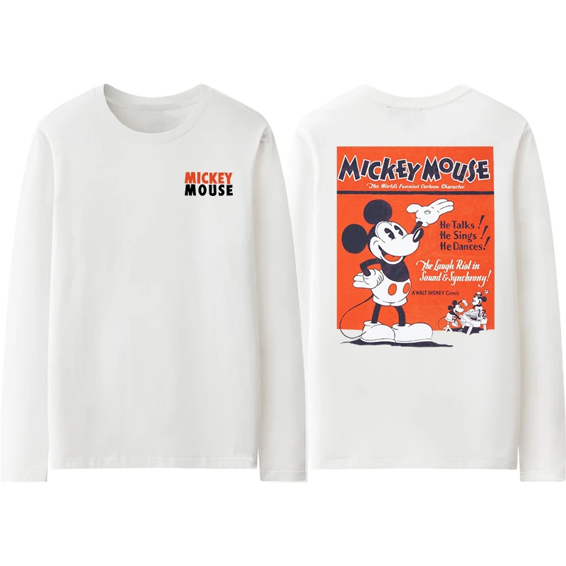 New Disney Mickey Mouse Long Sleeve T-Shirt Anime Peripheral Pure Cotton Men's/Women's Couple Top Casual Cartoon Men's T-Shirt