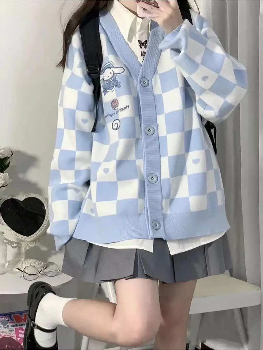 Sanrio kawaii Cinnamoroll cute jk uniform checkerboard sweater jacket cardigan women winter college style top loose blue sweater